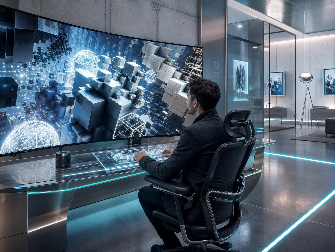 Creative studio workspace with AI-driven design interfaces